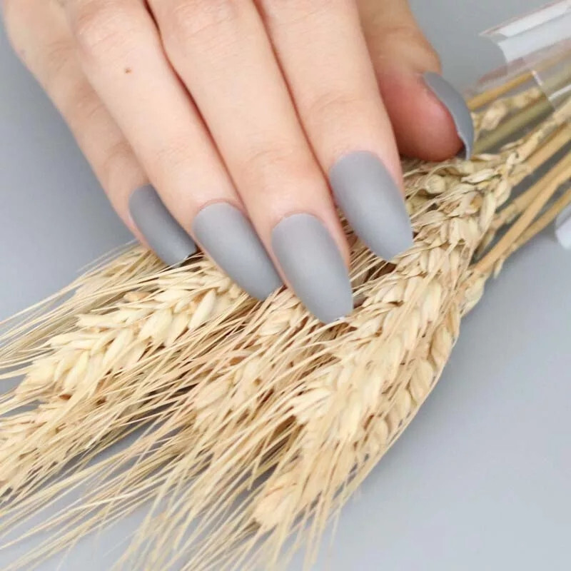 24 Medium press on nails kit w glue matte gray light grey ghostly