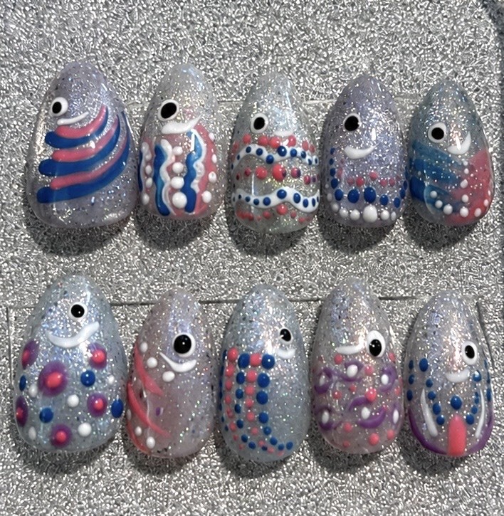 Fishing Lure Press On Nails | Large Almond Cat Eye Glitter Nails