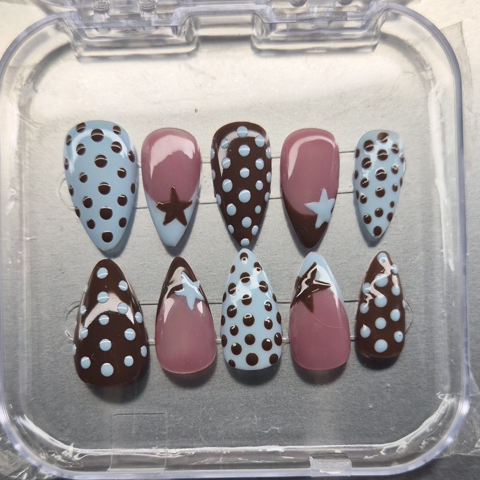 Blue Brown Pink White Star Polka Dot Almond Press-On Nails Medium Full Cover Set