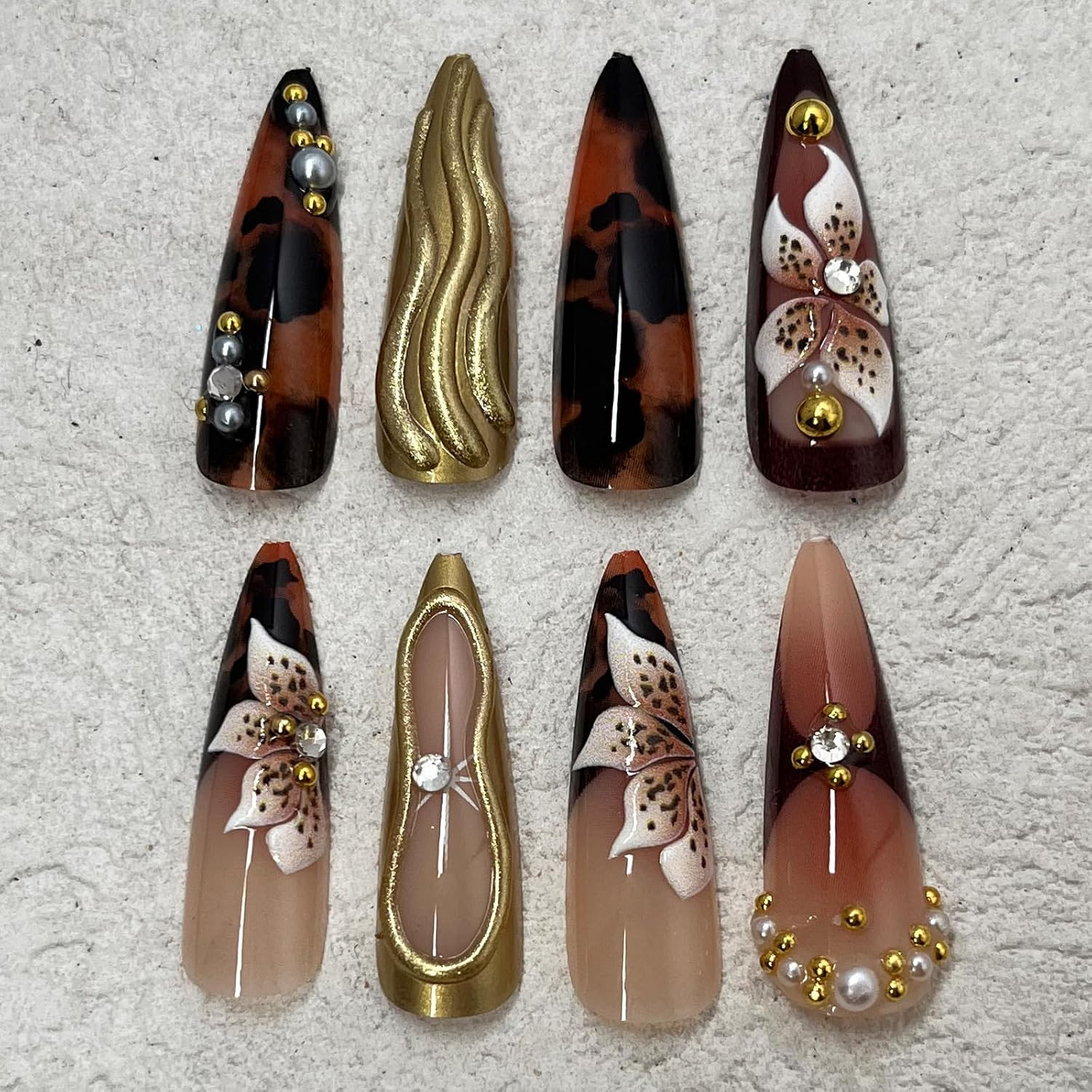 Brown Press on Nails Long Almond Fake Nails with Rhinestones Designs 3D Gold Tex