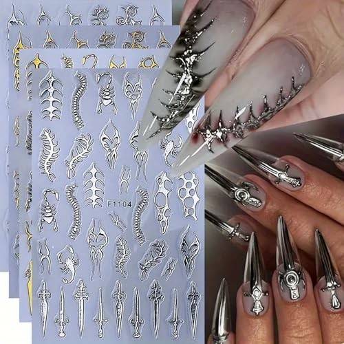4 Sheets Goth Nail Stickers for Nail Art 3D Punk Style Black Belt Nail Art Q14
