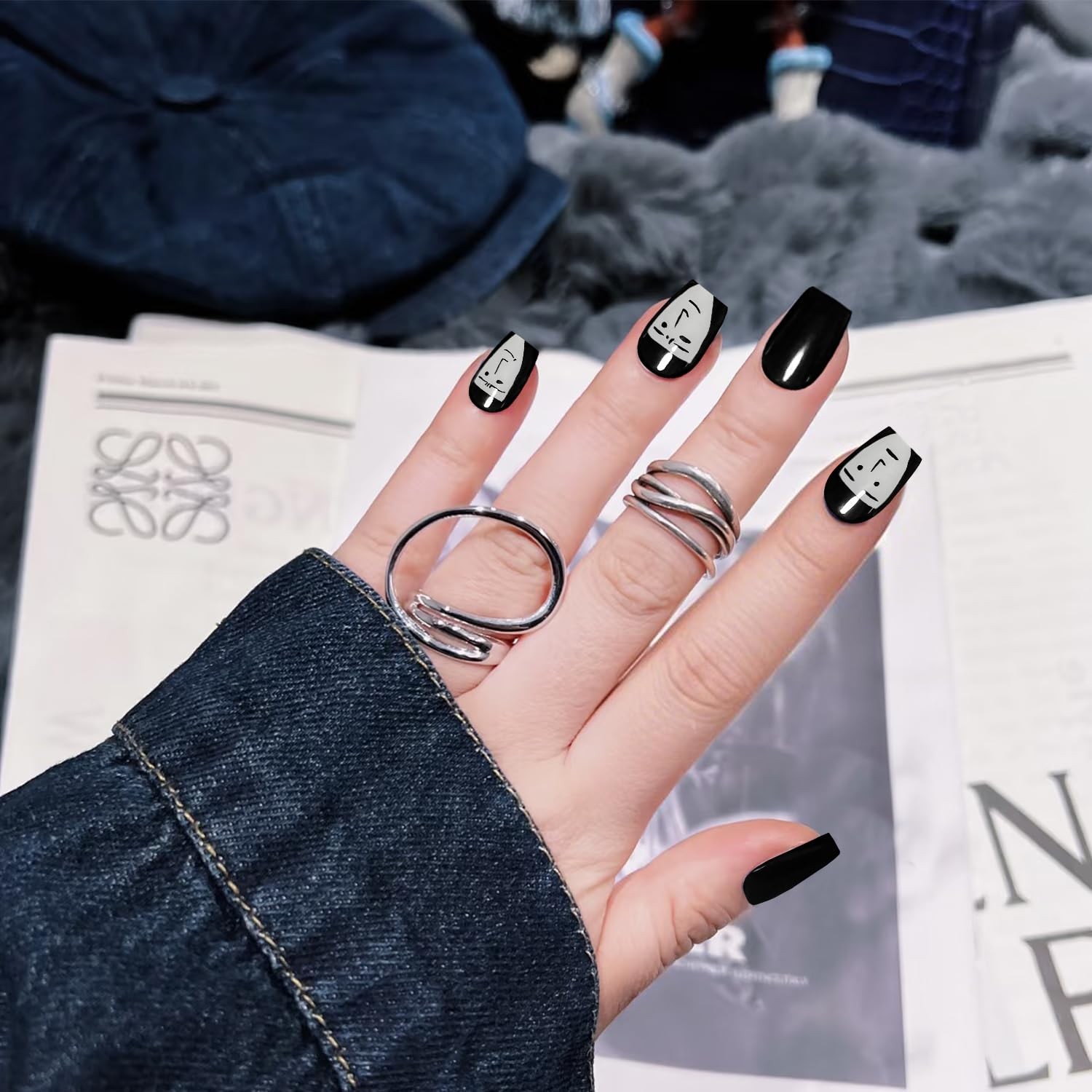 GREENTEA Handmade Nail Artistic Design Press-On Nails, Black and White Cartoo…