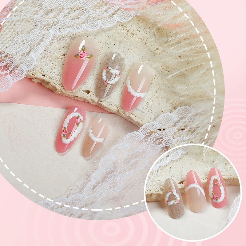 48Pcs-Pink Fake Nails Long Almond 3D Lace Trim Tiny Flower Sweet False Nails
