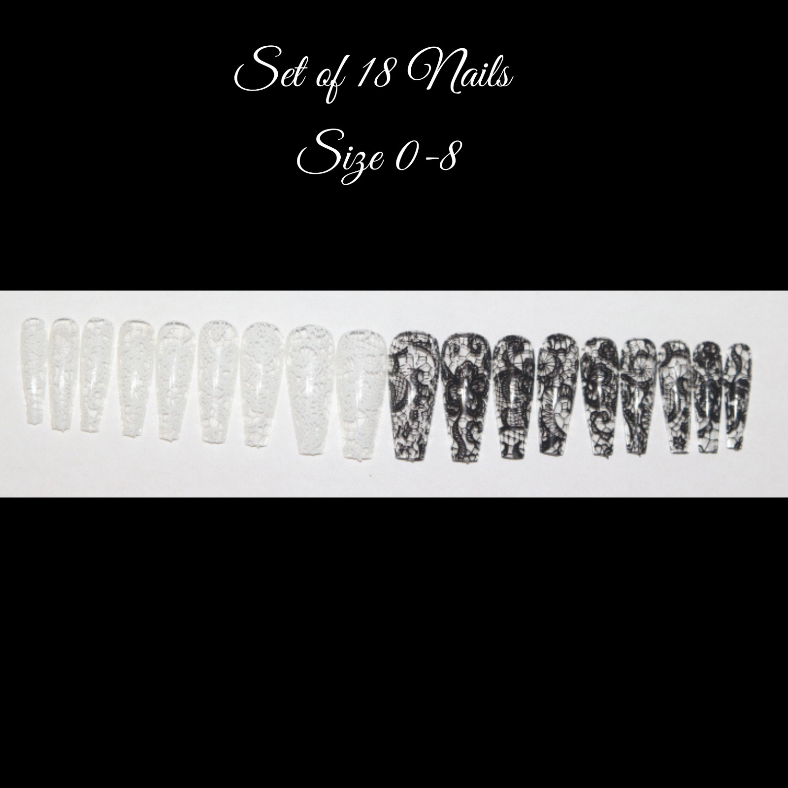 Black and White Lace- press on nail set- (Set of 18 sizes 0-8)