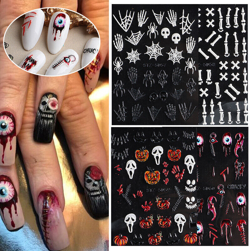 Nail Art Sticker Halloween Eye Blood Skull Skeleton Pumpkin 5D Embossed DIY NS40