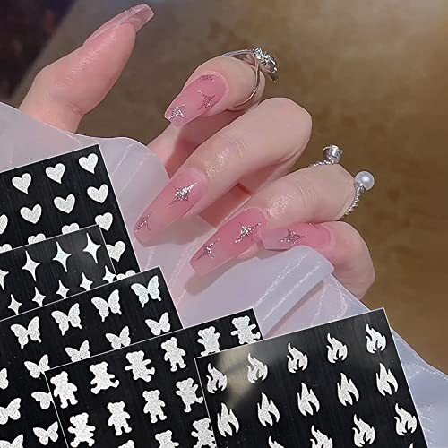 6 Sheets Silver Nail Art Stickers Decals Glitter Nail Supplies 3D Self Design 5