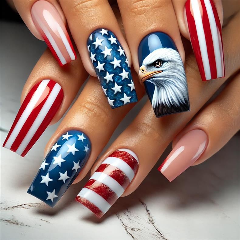 Patriotic Eagle Star Stripes Press On Nails Ballet Shape Cool Cute