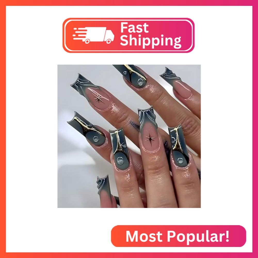 Press on Long Nails Coffin Shaped Acrylic Glossy Full Cover Long Square French F