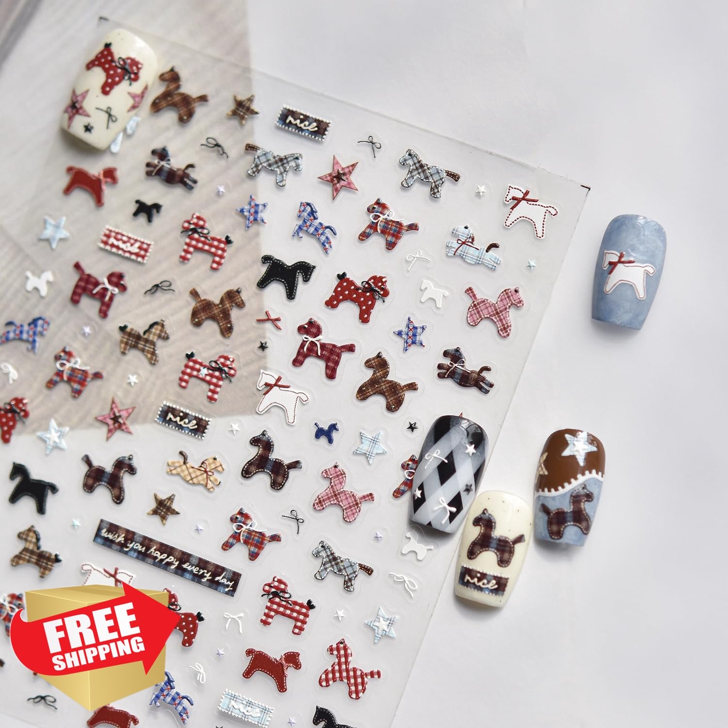 Cute Horse Nail Art Stickers Embossed 5D Bow Star French Manicure Decals