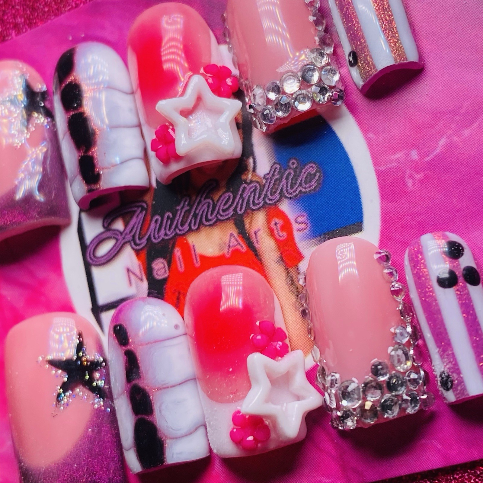 Square Press-On Nails Pink Black 3D Shiny Star by Authentic Nail Arts