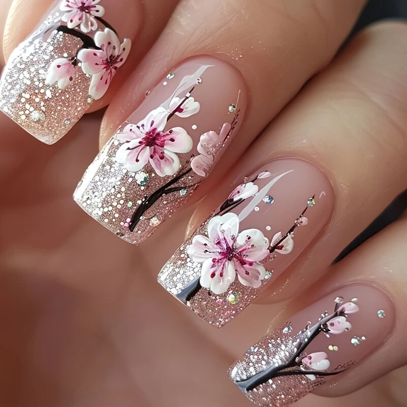 24pcs Spring and Summer Bright Flower Press-on Nails, Medium and Short