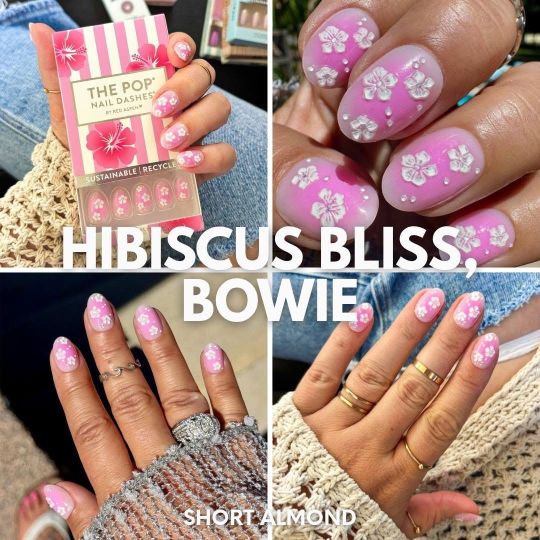 Red Aspen Reusable Nail Dashes, Pop On Short Almond, Hibiscus Bliss, Bowie
