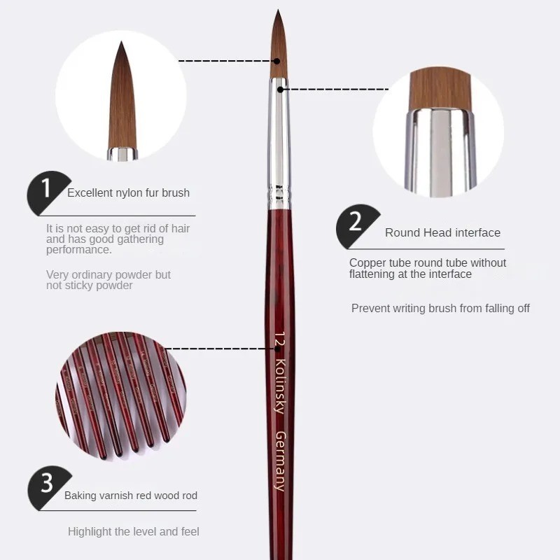 Kolinsky Acrylic Nail Brush Mink Hair Wooden Handle Nail Art Gel Builder 4-14