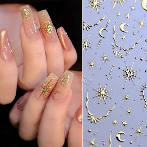 Gold Moon Star Nail Stickers 5D Embossed Celestial Nail Star Nail Decals