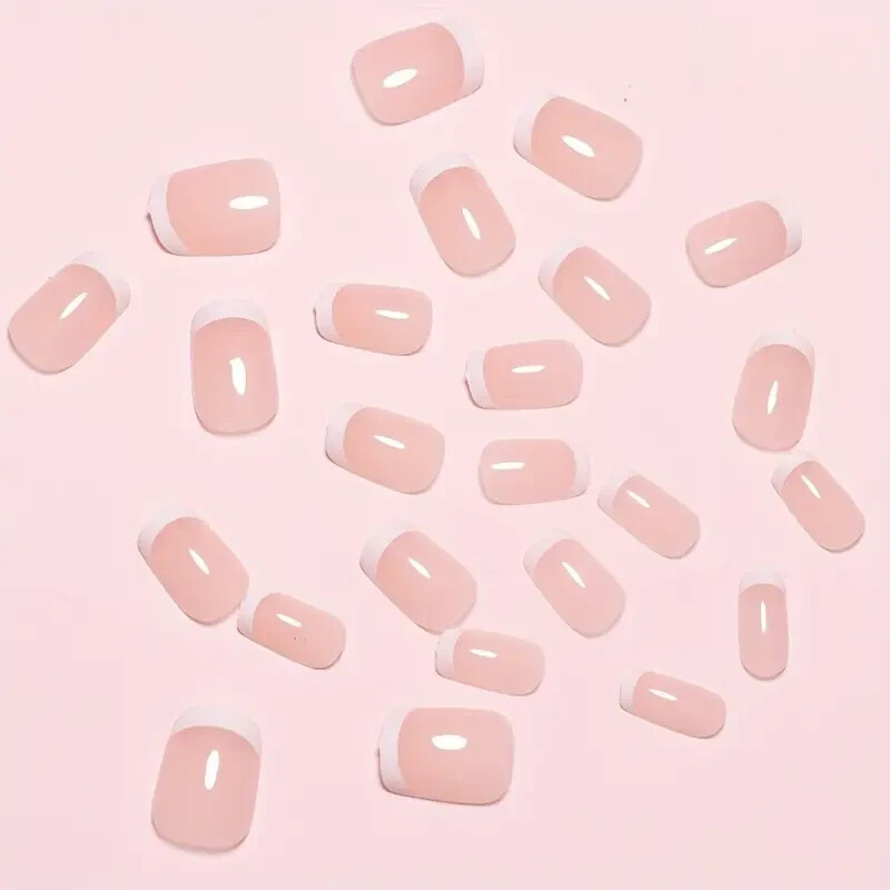 24Pcs French Manicure Press On Nails Nude Tone Square Short Length Glossy Finish