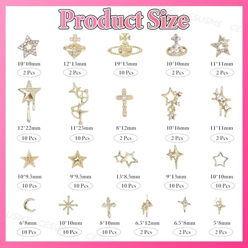 130 Pcs Alloy Gold Star Cross Nail Charms, 21 Styles 3D Y2K Metal S2-golden