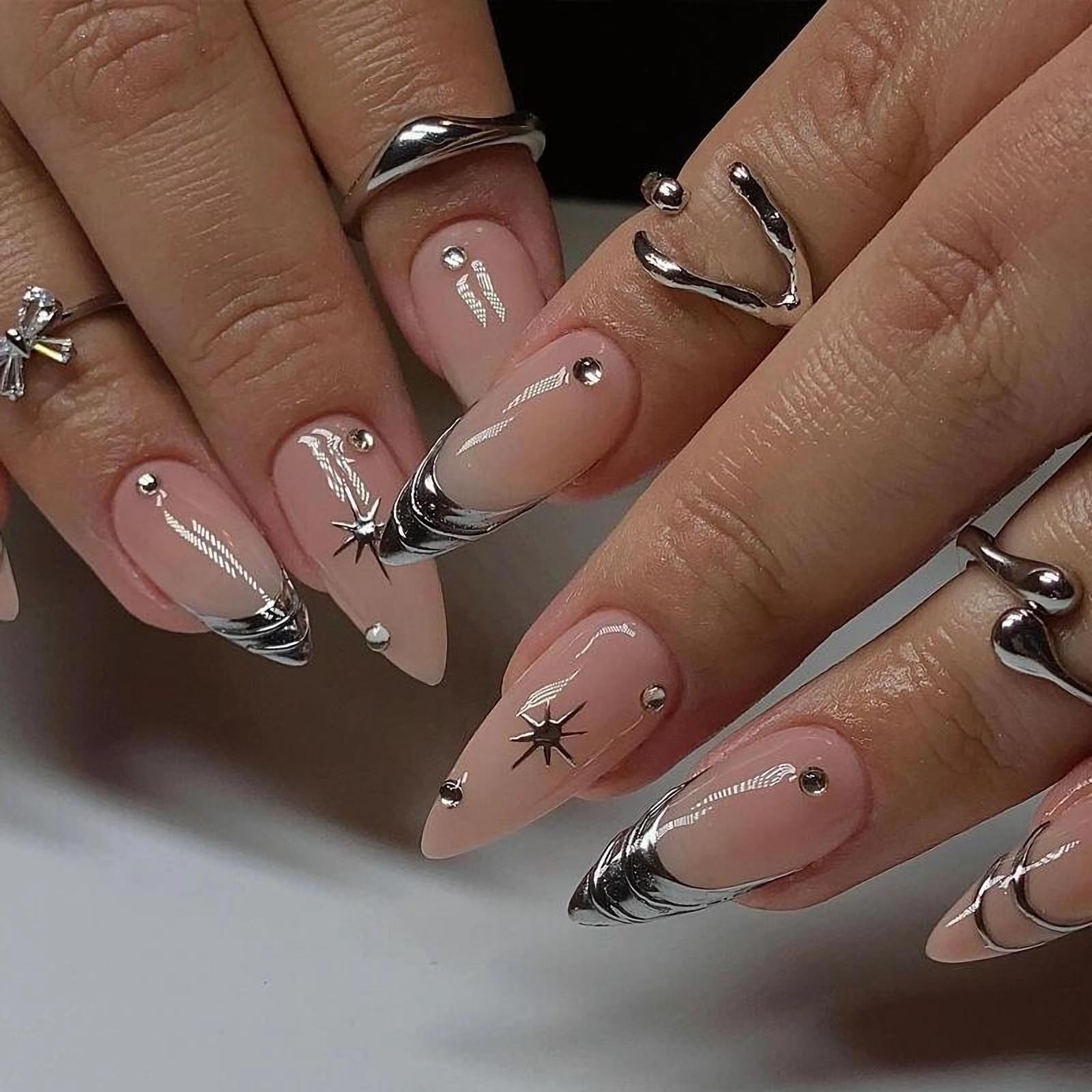 Almond Press on Nails Medium Fake Nails Sliver French Tip Glue ons Star Y2k G…