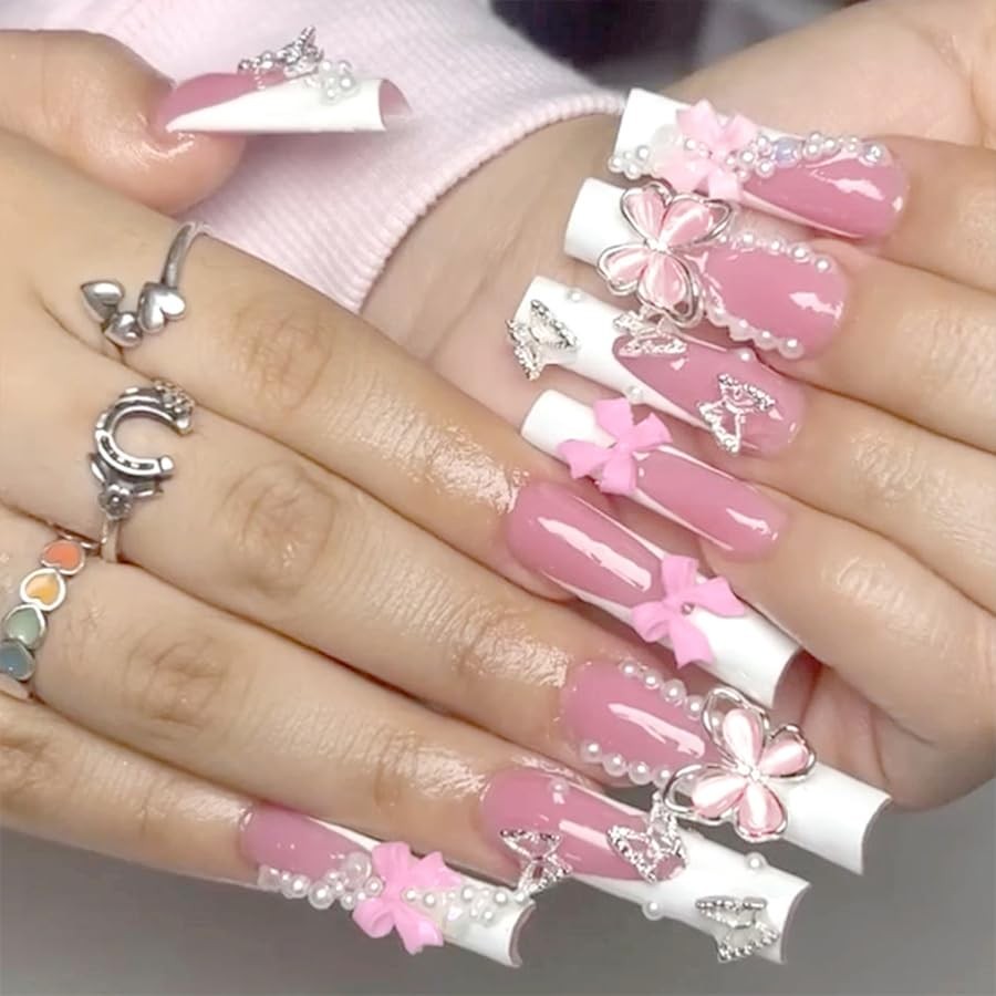 110PCS 3D Pink Cherry Heart Bow Nail Charms and Rhinestone, Junk Case Charms,…
