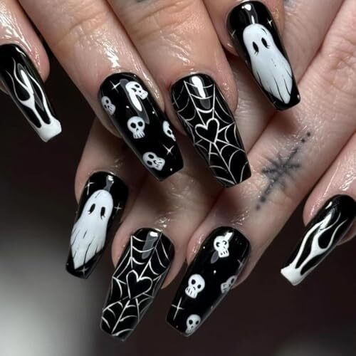 Black Halloween Press on Nails Square Long Fake Nails Ghost Flame C Nails 3
