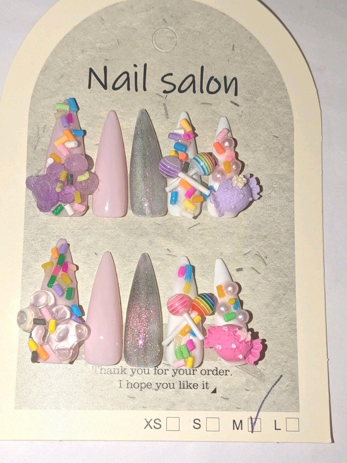 Hand Crafted Pink, White & Purple Stiletto Press-On Nails with Candy 3D Charms