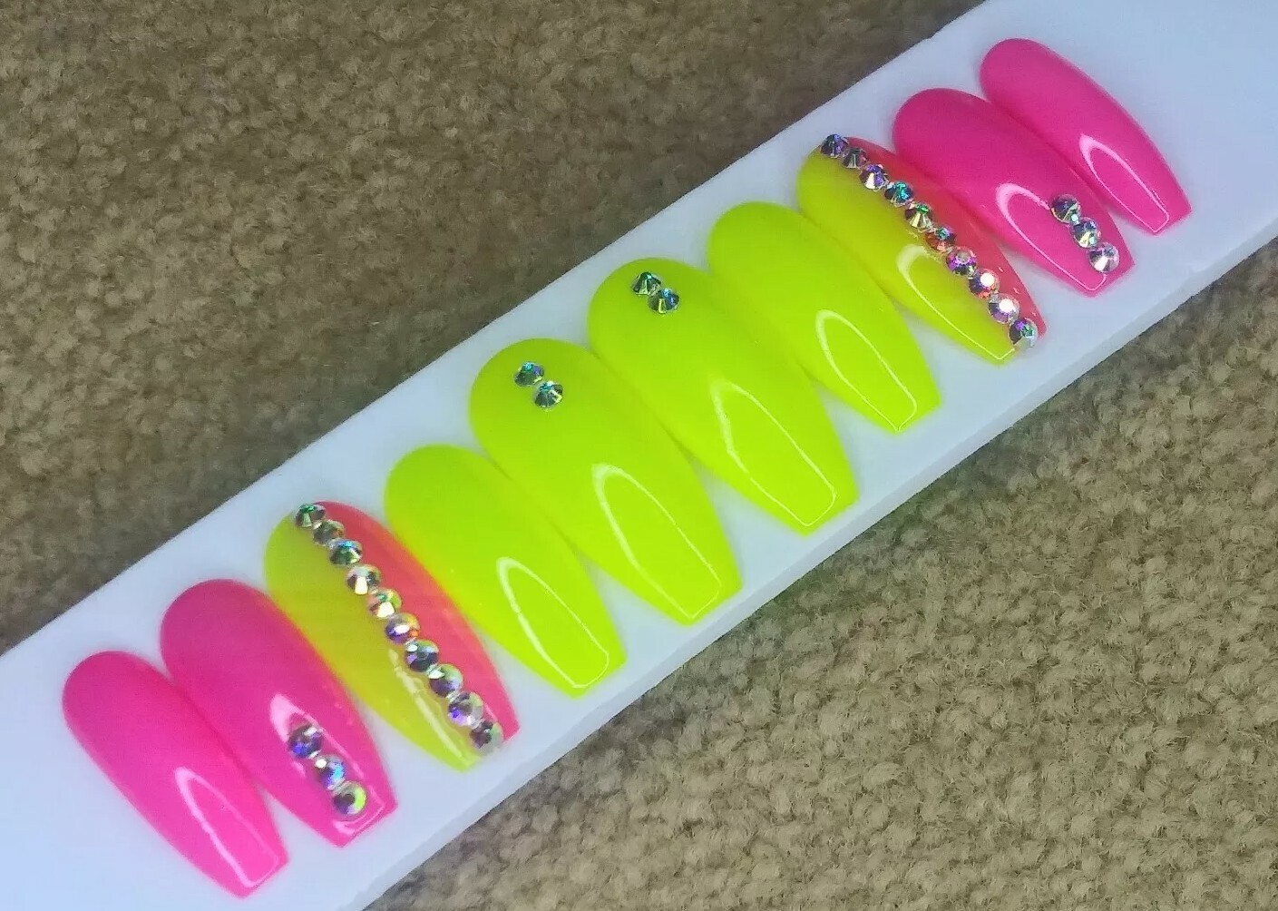 Bright Neon yellow & pink bling nails Press On crystal gel nails long coffin