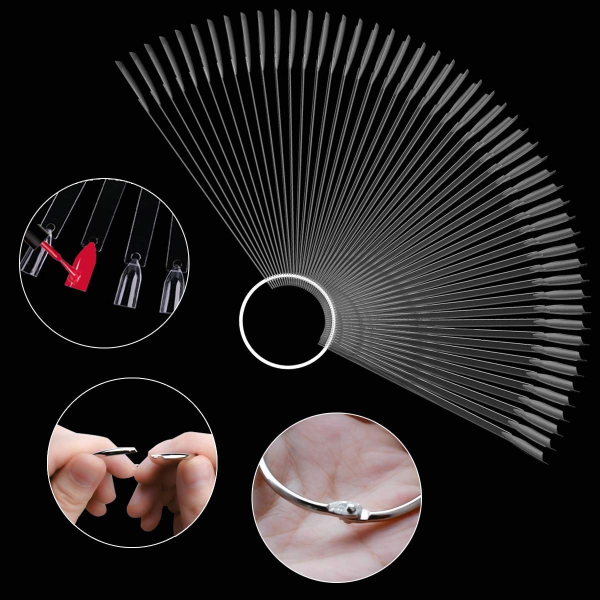 100 Pcs Clear Nail Swatch Sticks with Ring Fan Shape Nail Color Swatches Sticks