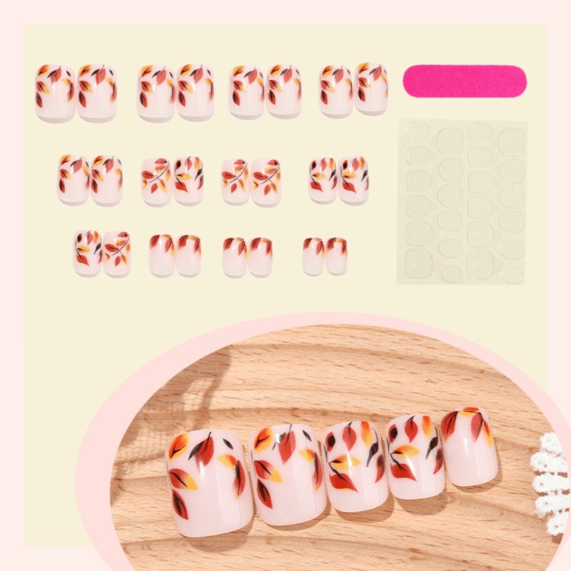48 Pcs of Short Circular Removable and Reusable Fake Nail Art with Tree Leaves