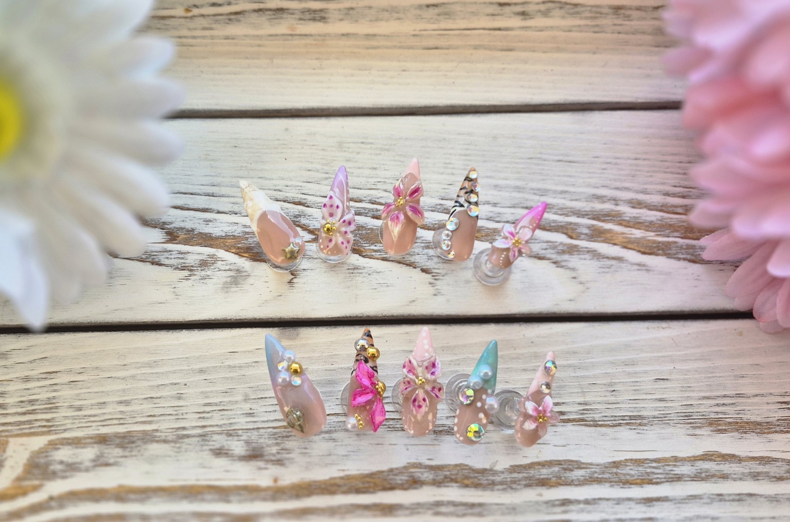 3D Shiny Flower Press-On Nails Nude Pink Yellow Long Stiletto Full Cover Set