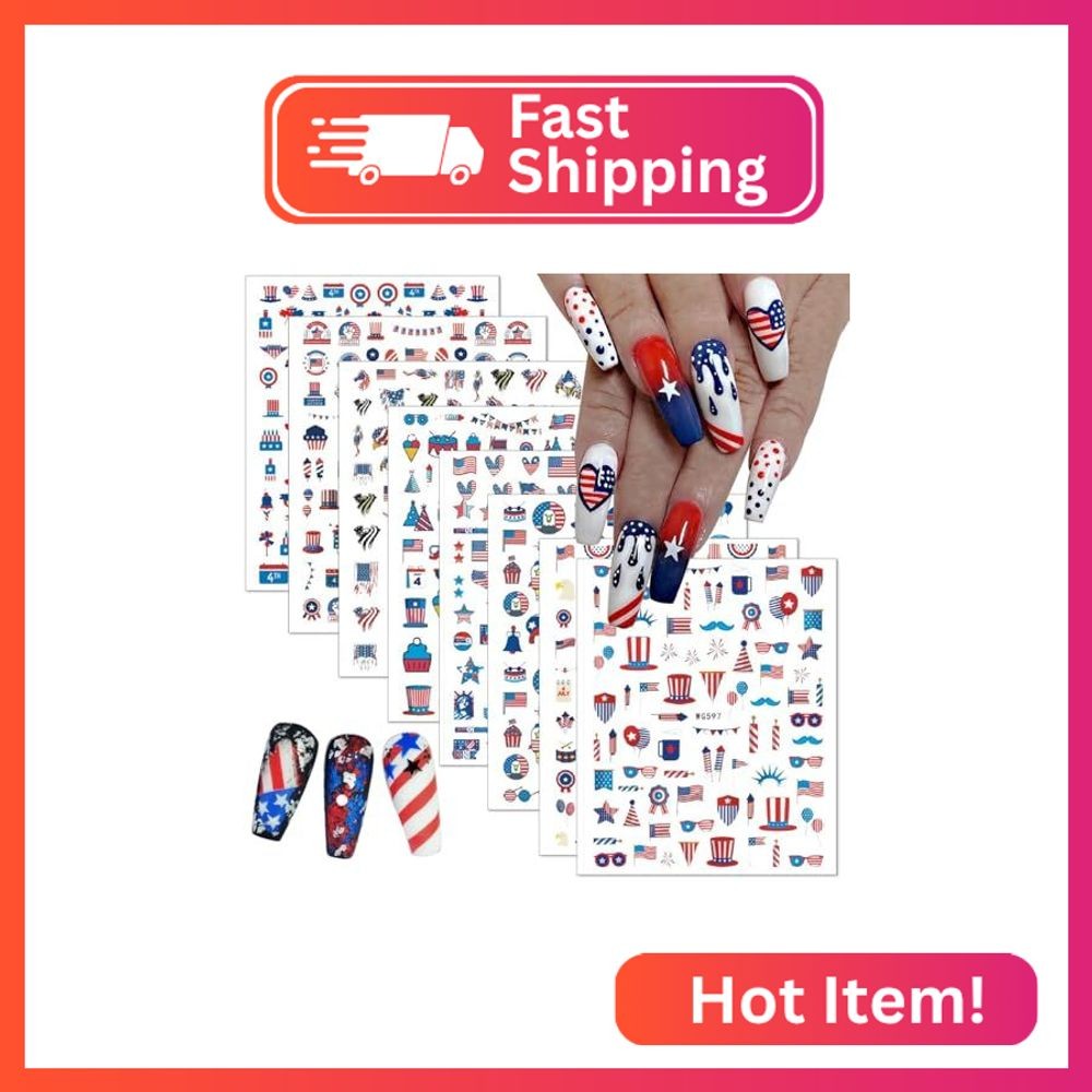 4th of July Nail Art Stickers 8 Sheets 3D Self-Adhesive Patriotic Nail Stickers