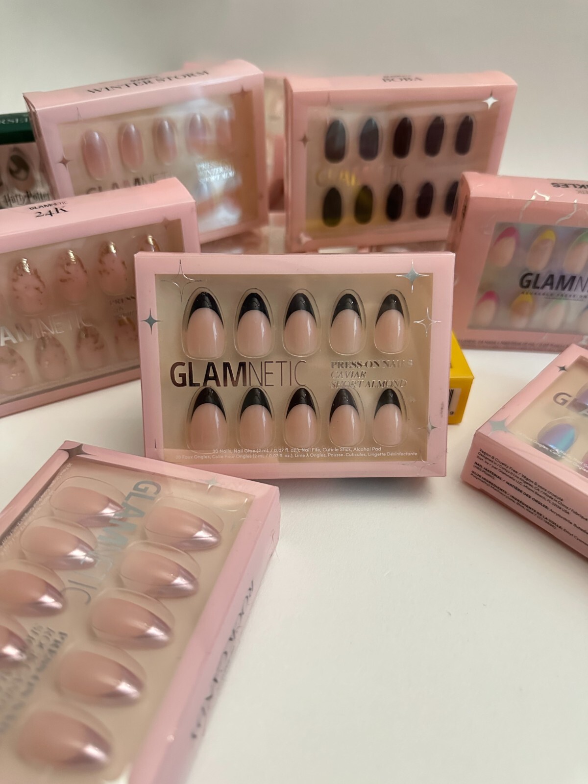 NEW FULL SET GLAMNETICS Press On Nails CAVIAR Short Almond Black FRENCH TIPS
