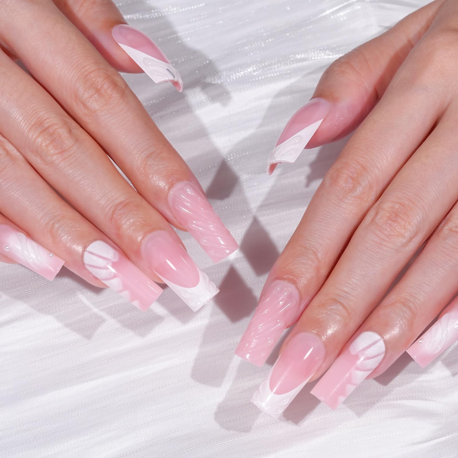 Press on Nails Medium Long Rhinestone Pearl Pink Ombre Fake Nails Square Glos…