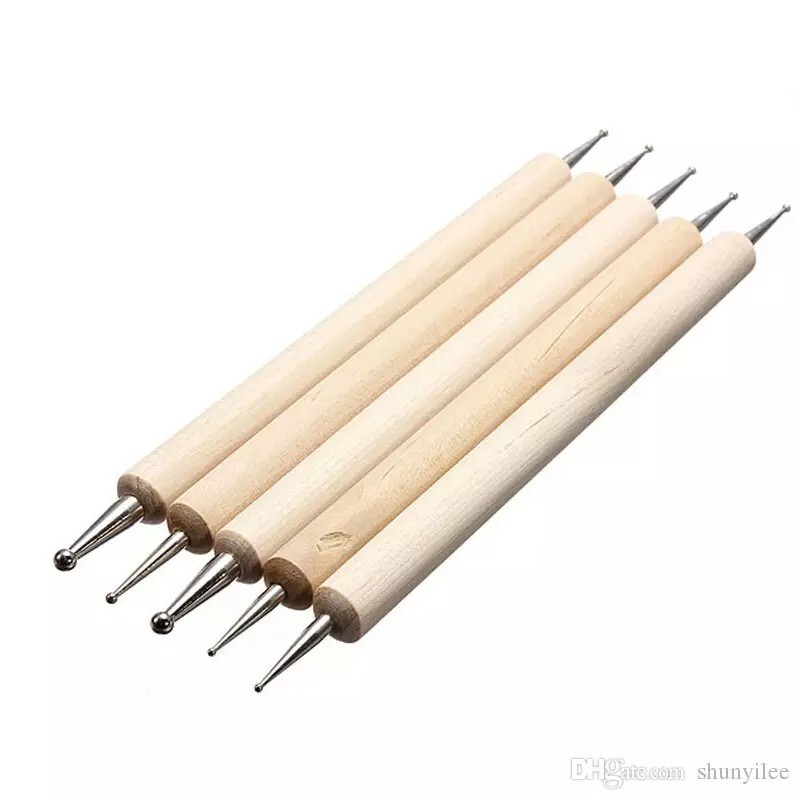 5 Pcs 2way Wooden Handle Manicure Nail Art Dotting Pen Marbleizing Tool