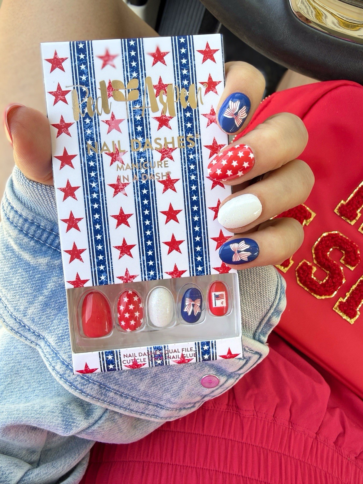 Red Aspen Press On Nails~ Silas Short Almond, Design, Glitter NWT July 4th