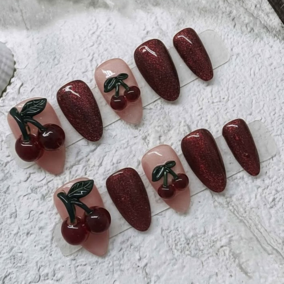 3D Cherry Press-On Nails Red Cateye Reusable Handcrafted Size: Small