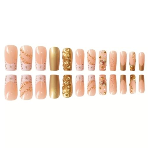CTTHNBD Gold Press on Nails – Long Square Fake Nails with Star Moon Golden