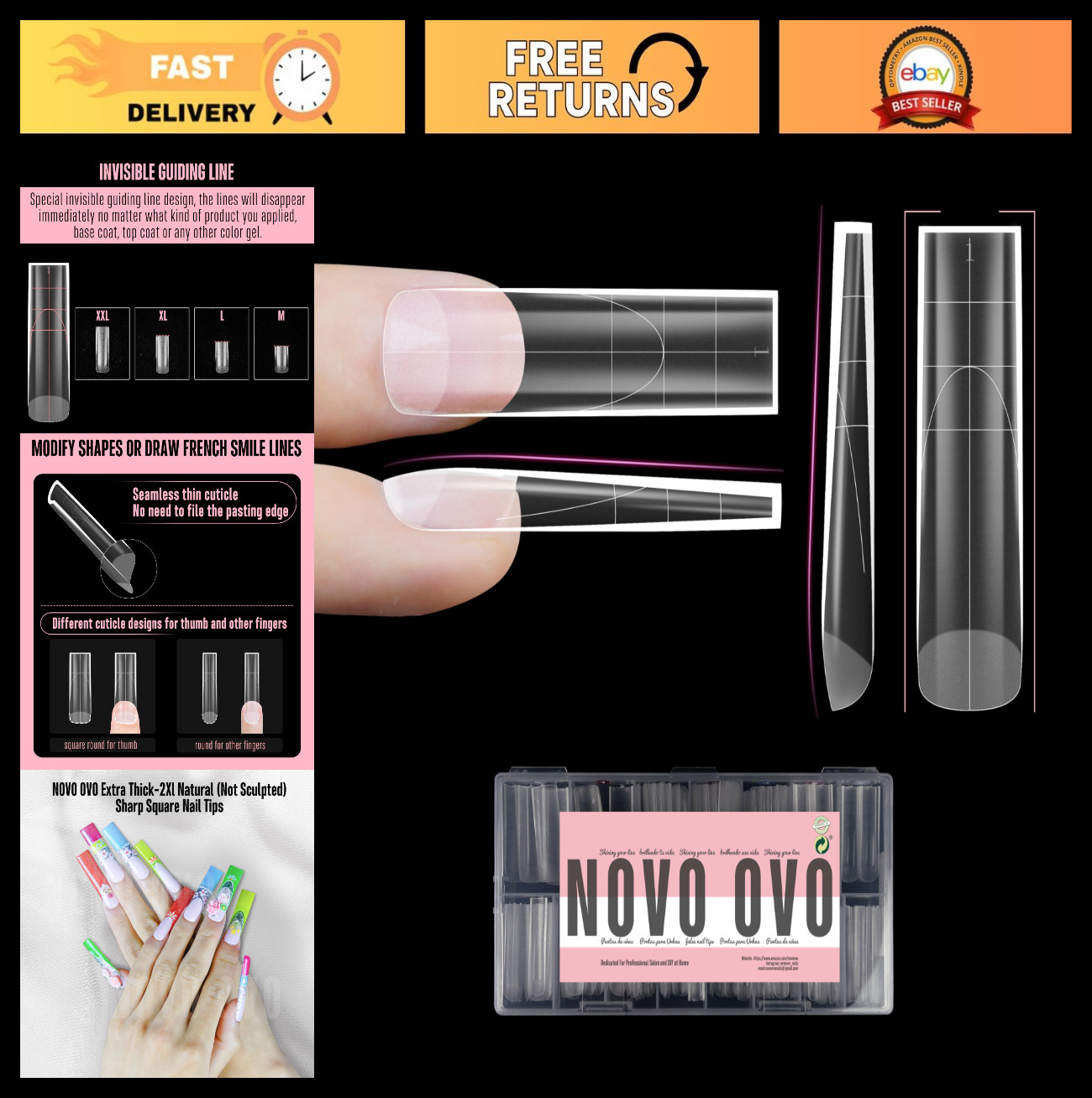 Extra Thick Square Press-On Nails, Full Cover Soft Gel Acrylic Kit, 180pcs, XL/
