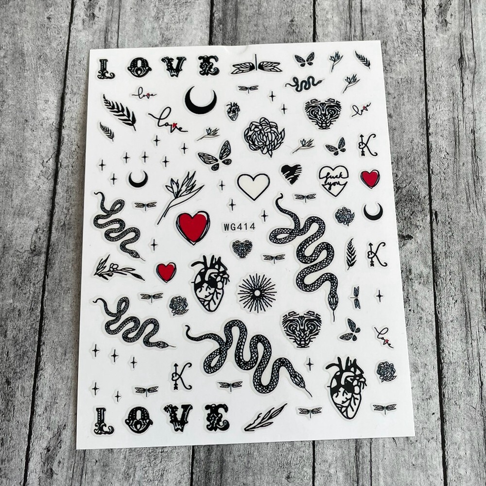 Snake Stars Moon Love Red Sweet Heart Butterfly Nail Sticker Dragonfly leaf