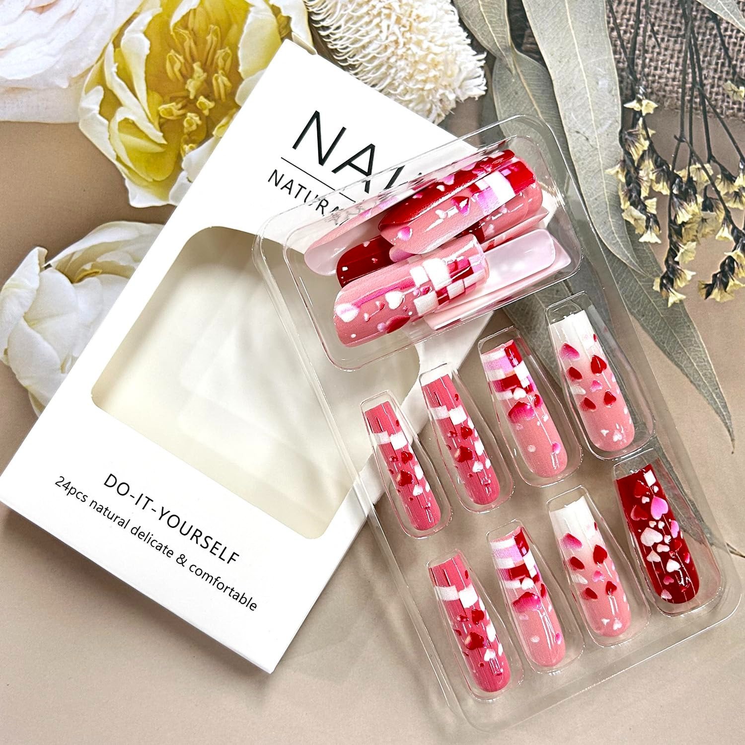 Valentines Press On Nails Long Coffin 3D Pink Red Heart Glossy Set