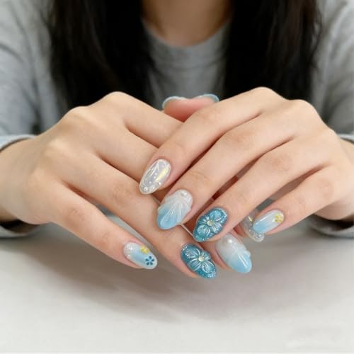 30Pcs Blue Ombre Press on Nails Short Almond Fake Nails Blue Beach Flower-4
