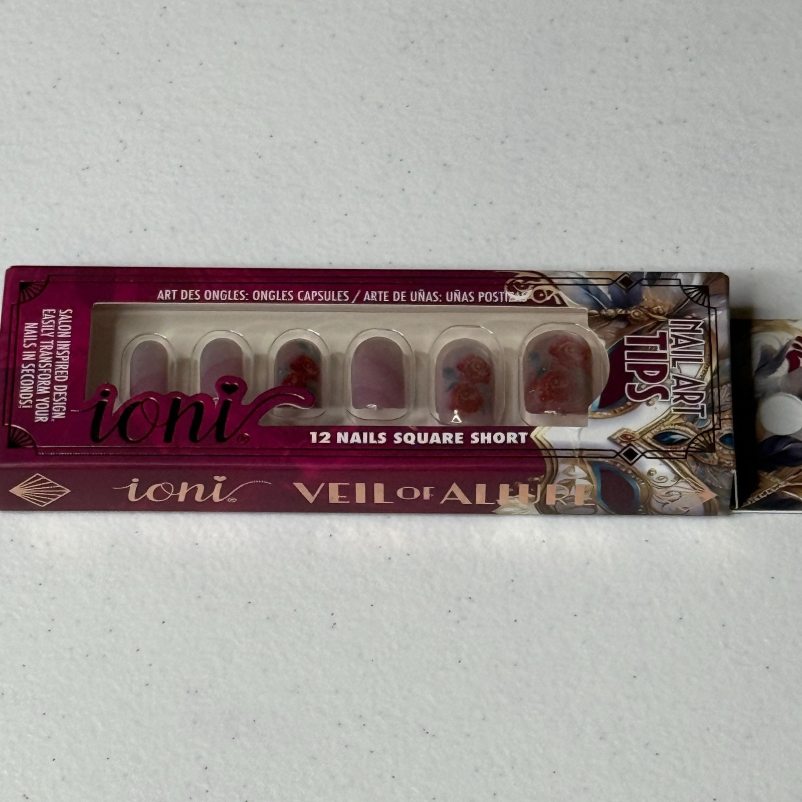 Ioni Press On Nails Square Short Rose Design 12pc False Nails NWT