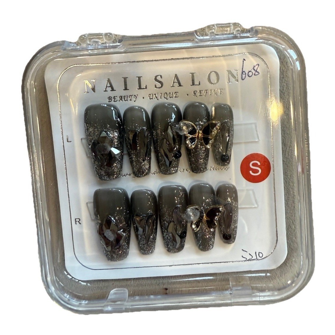 Small Coffin Nails 3D Butterfly Rhinestone Gem Gunmetal Press On 10 Piece