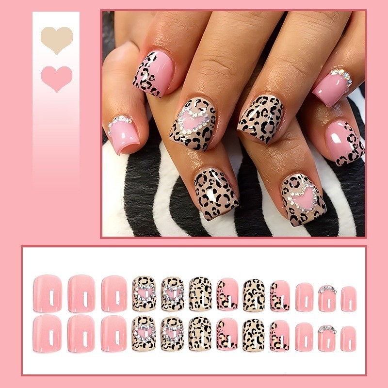 48pcs-Press on Nails Pink Nude Leopard Print Heart Rhinestone Short Square Set