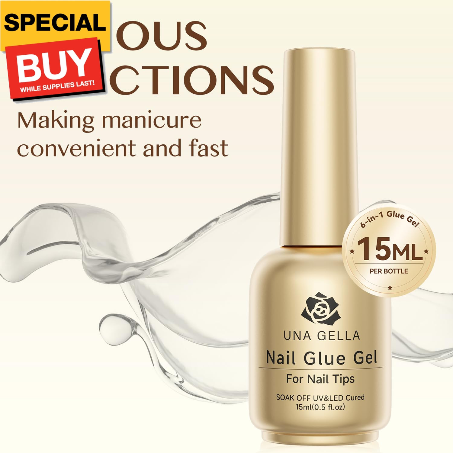 6 In 1 Gel Nail Glue for Clear Acrylic Nails Tips, 15ml Long Lasting Super Stron