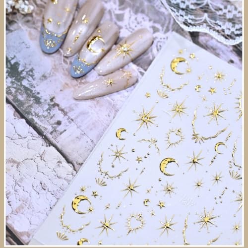 Gold Moon Star Nail Stickers 5D Embossed Celestial Nail Star Nail Decals