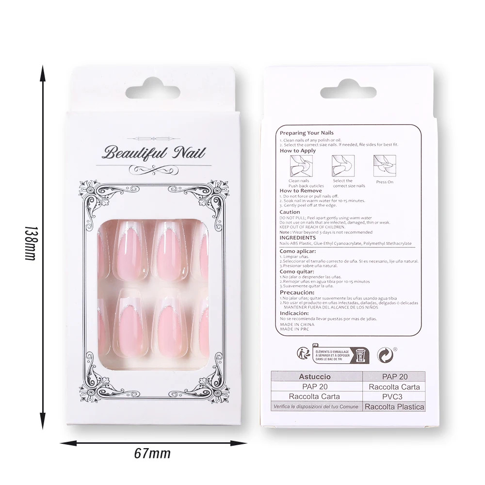 French Glitter Short Square Coffin Press on Nails Full Cover Acrylic Fake