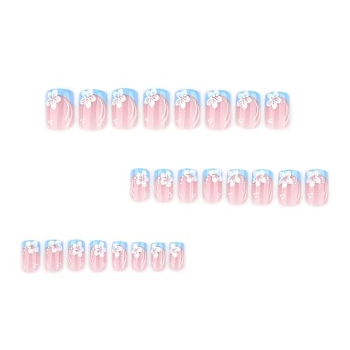 Press on Square Nails – Short Length Glossy – Full Blue & White Floral