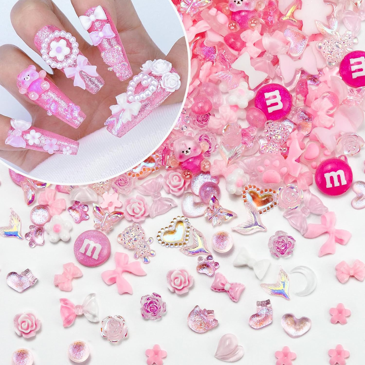 320PCS Pink Assorted Mix 3D Nail Charms, Cute Resin Charms for Acrylic Nail Deco