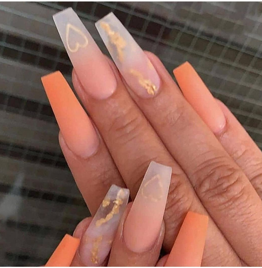 24 Press on nails Kit w Glue Frosted Peach gold heart clear white pink orange