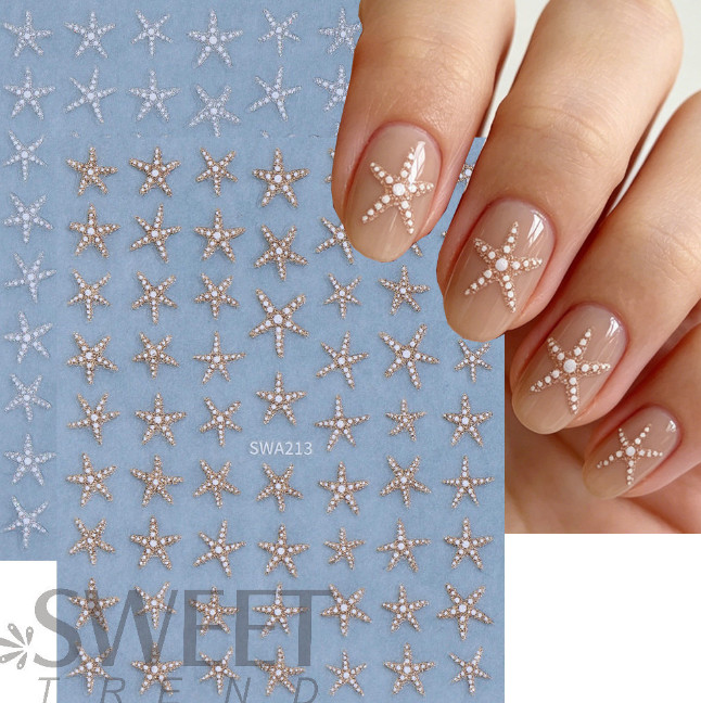 2pcs 3D Summer Ocean Style Glitter Star Nail Stickers Silver Gold Star Design S8