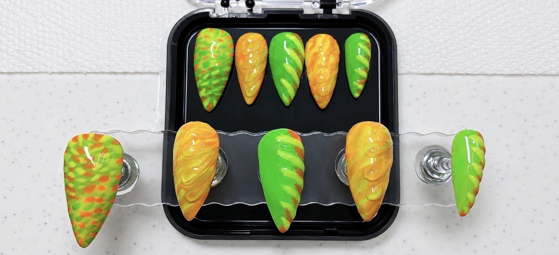 Handmade Neon Green & Orange Stiletto Press On Sz M Nails Long Glossy Summer Set